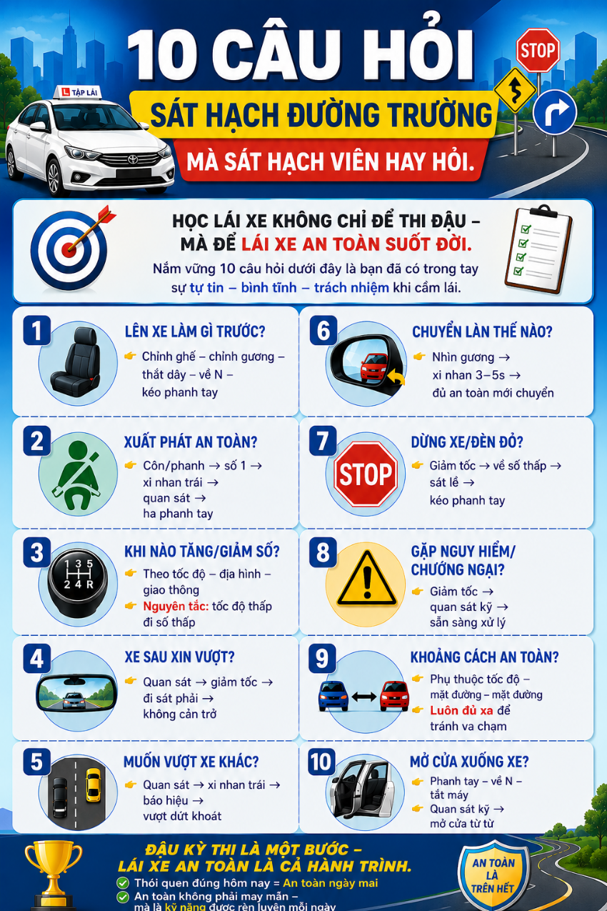 10 câu hỏi mà Sát hạch viên hay hỏi trong bài đường trường. Cách trả lời đúng, bạn cần nhớ