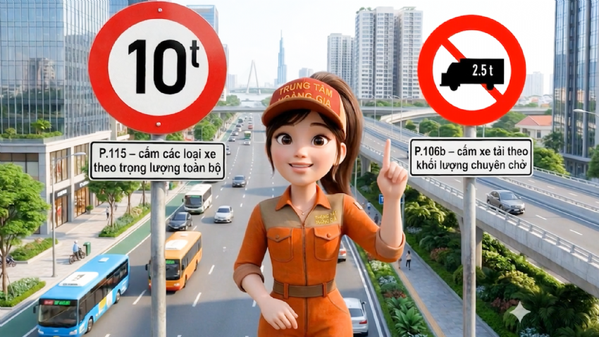 Cách phân biệt biển P.106b – cấm xe tải theo khối lượng chuyên chở và biển P.115 – cấm các loại xe theo trọng lượng toàn bộ