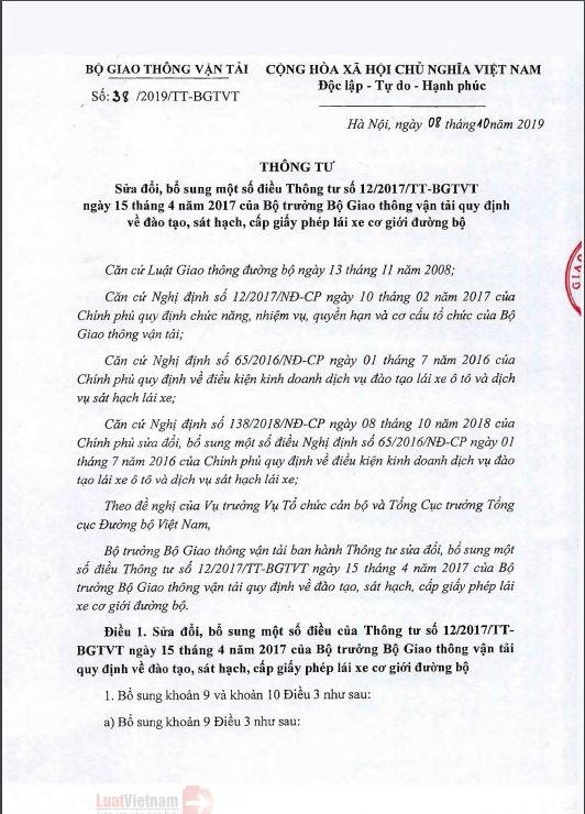 THÔNG BÁO VỀ THÔNG TƯ 38/2019/TT-BGTVT