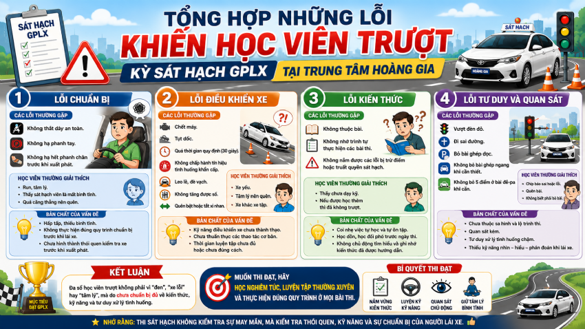 TỔNG HỢP NHỮNG LỖI KHIẾN HỌC VIÊN TRƯỢT KỲ SÁT HẠCH GPLX TẠI TRUNG TÂM HOÀNG GIA 2026