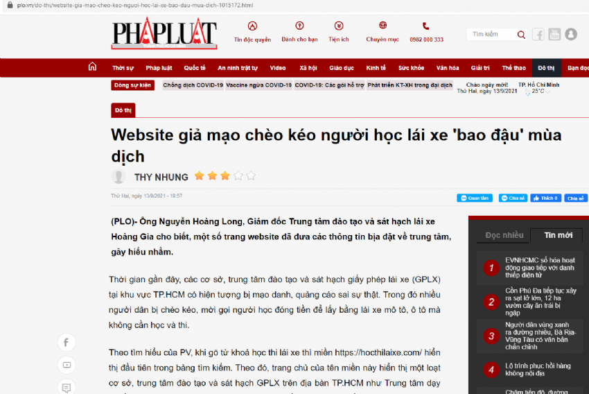 Hàng loạt trang web mạo danh các cơ sở, trung tâm đào tạo lái xe lừa đảo người dân trong mùa dịch - Báo Pháp Luật thành phố Hồ Chí Minh - Báo Kinh tế & Đô thị điện tử