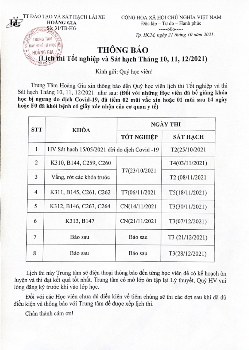 THÔNG BÁO KẾ HOẠCH- LỊCH THI SÁT HẠCH CẤP GPLX HẠNG B VÀ C TỪ NAY ĐẾN CUỐI NĂM 2021